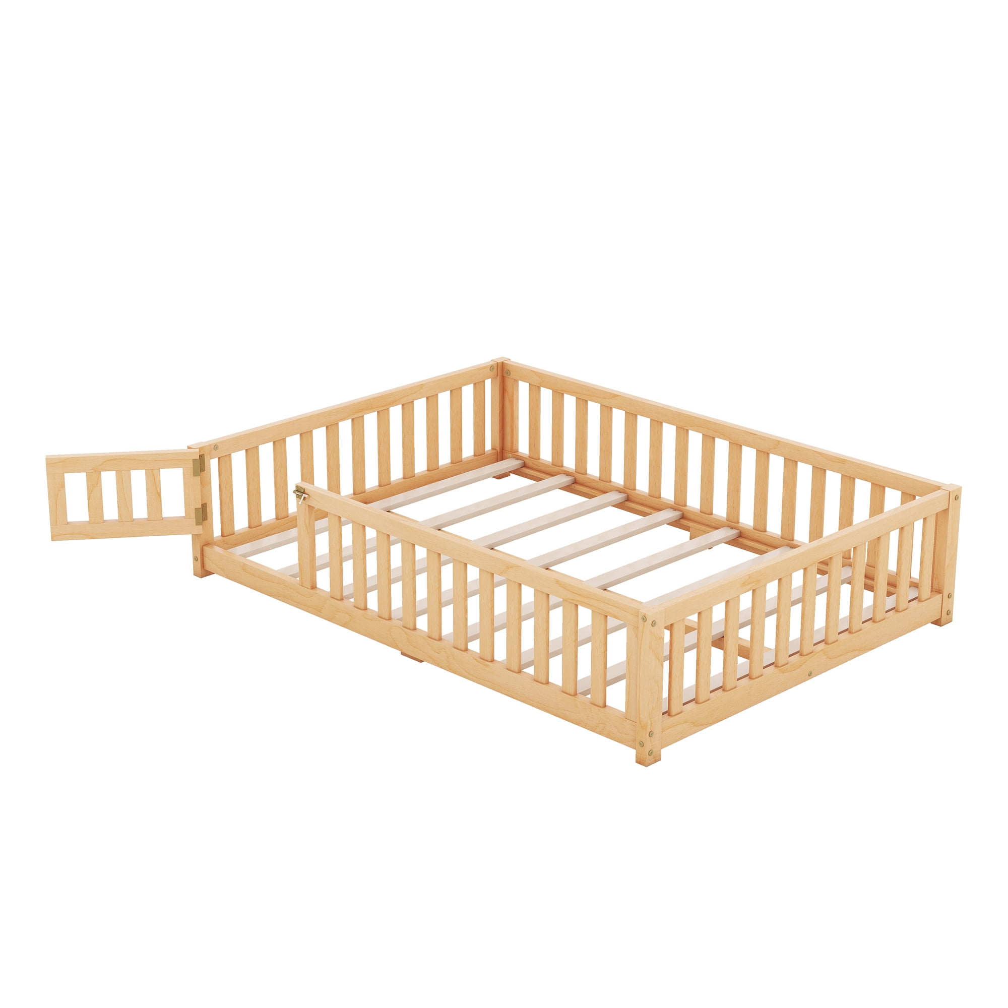 DEALTOPS Full Size Floor Bed with Safety Guardrails and Door Montessori Wood Bed Frame for Kids, Natural
