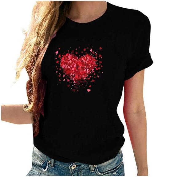 T Shirts for Women Casual Valentine's Day Girl Friend Gift Blouses Fashion Love Heart Graphic Printed Loose Short Sleeve Round Neck Shirt Top
