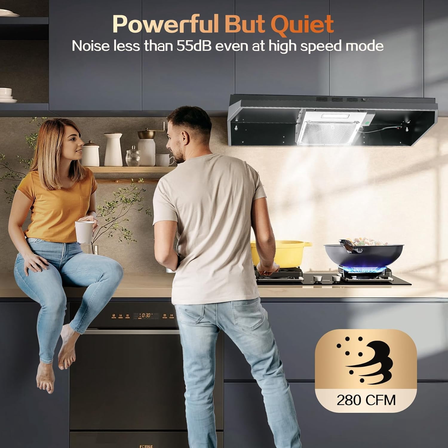 Under Cabinet Range Hood 36 inch, Ducted/Ductless Vent Hood with 2 Speeds Fan, Black Range Hood with Rocker Button Control, Kitchen Hood 280CFM, Bright LED Light