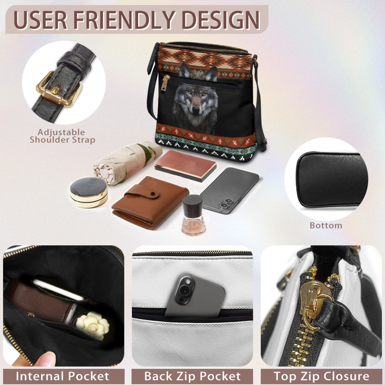 LedBack Aztec Wolf Print Crossbody Purse for Women Leather Shoulder Handbag Portable Cross Body Satchel Purse Messenger Purse for Travel Shopping, Black
