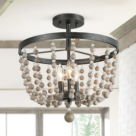 LNC Bohemian 3-Light Flush Mounts Distressed Wood Beads Ceiling Lights - W16"x H17"