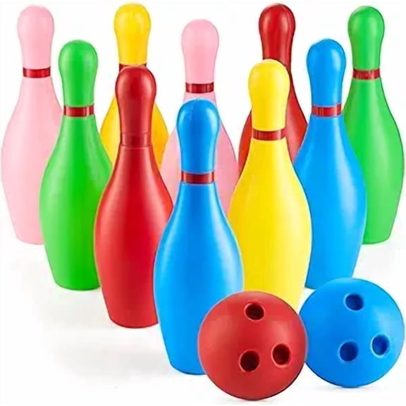 Kids Bowling Set with 10 Colorful Plastic Pins & 2 Lightweight Balls, Indoor & Outdoor Bowling Game for Toddlers Ages 3