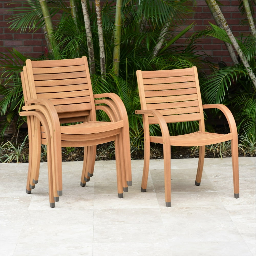 Amazonia Navarro Teak Finish Patio Stacking Chairs, Set of 4, Seating
