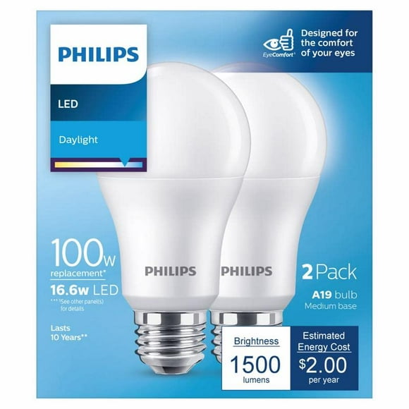 Bombilla LED Philips A19 E26 (mediana), 16,6 W, 1500 lúmenes, luz diurna, paquete de 2