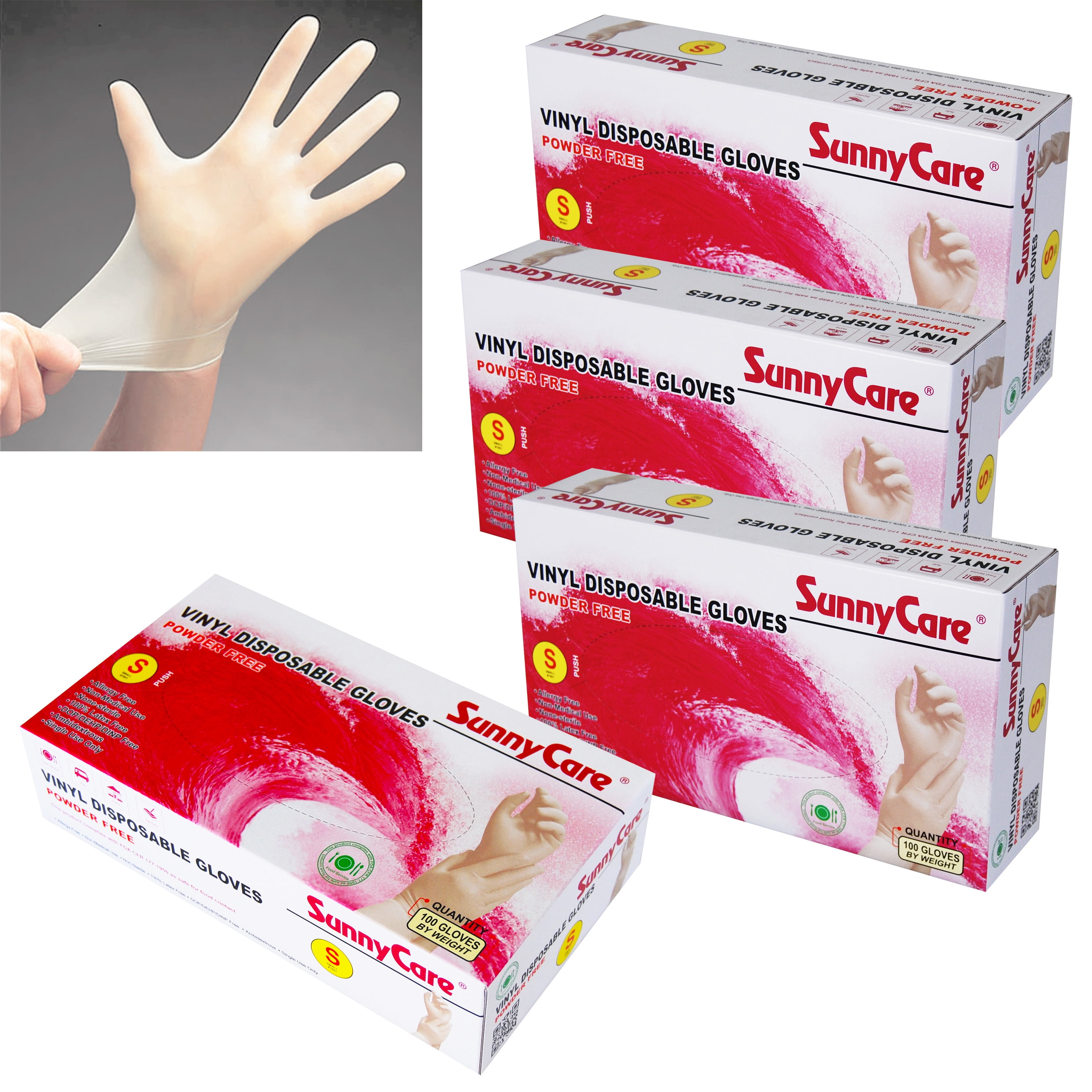 400pcs SunnyCare Powder Free Vinyl Gloves Food Service (Latex Nitrile Free)  S