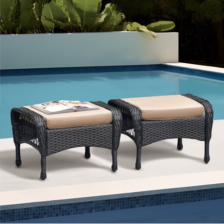 ATR ART to REAL 2PCS Outdoor Square Wicker Ottomans, All Weather Rattan Footrest Stool, Khaki