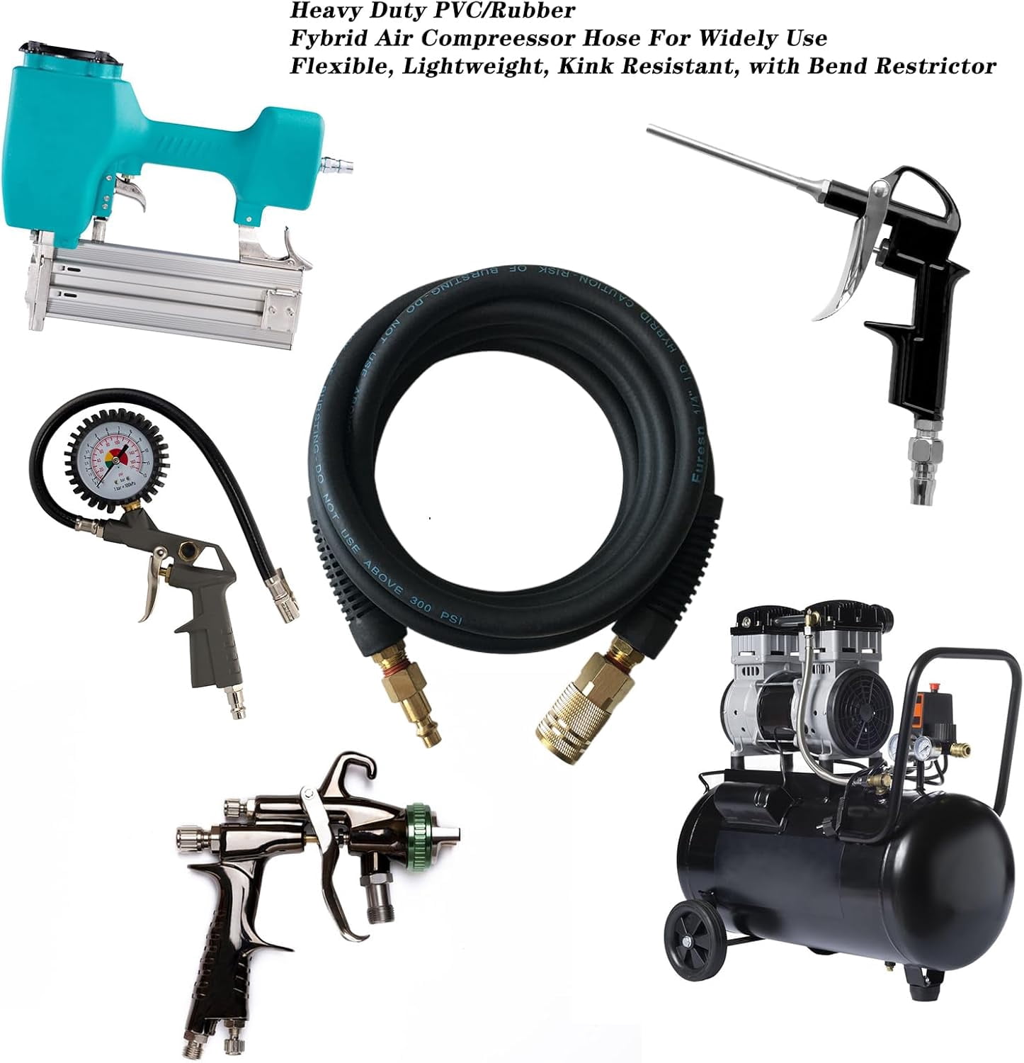 Air Hose 1/4 in x 10 ft, Heavy Duty, Lightweight, Kink Resistant, Hybrid Air Compressor Hose with 1/4 in Solid Brass Male Fittings, Bend Restrictors, 300 PSI (10FT, Black)