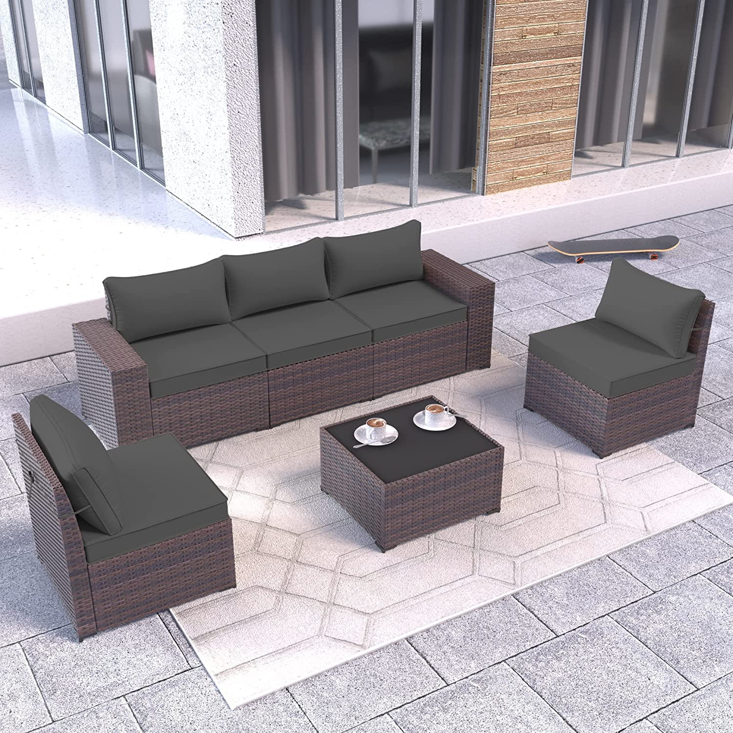 Kullavik 6 Pieces Patio Furniture Sets All Weather Outdoor Sectional Sofa Manual Weaving Wicker Rattan Patio Conversation Set with Cushion and Glass Table (Gray)