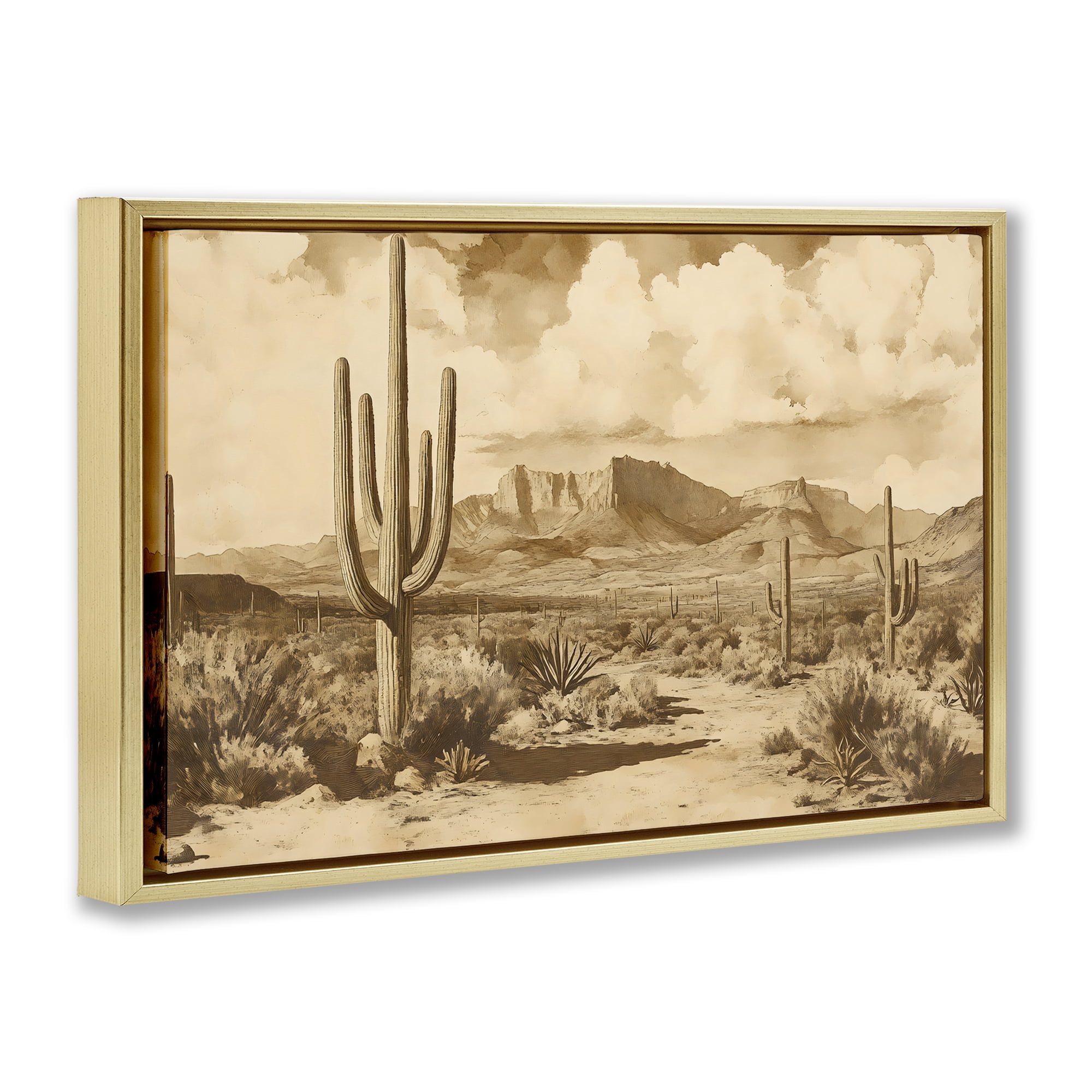 Stupell Industries Vintage Desert Peaks with Saguaro Gold Framed Floater Canvas Wall Art, design by Franklyn Gregory