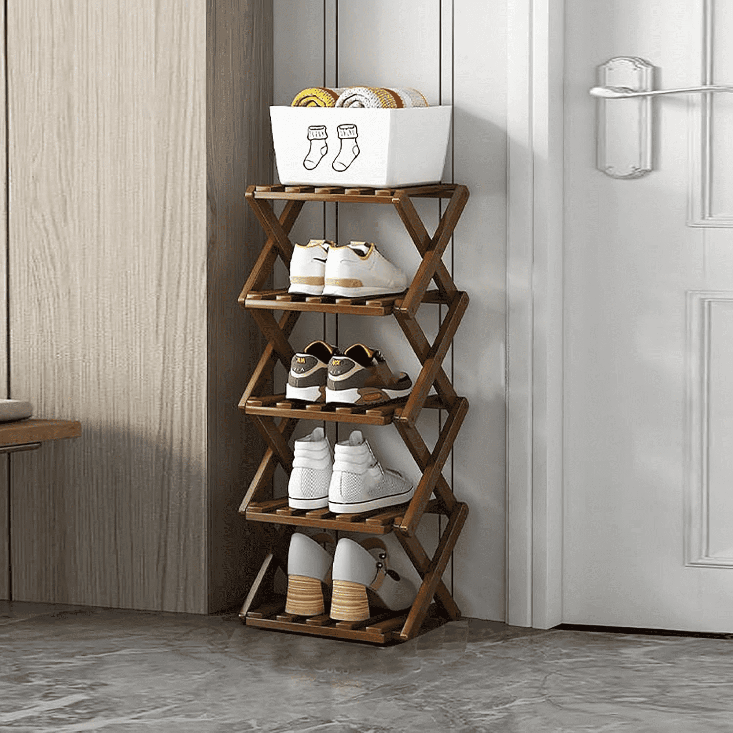 JUANYU Shoes Rack Organizer,Multi Tier Wooden Foldable Storage Rack for Home Shoe Storage with Durable Cross Structure,5-Tier,Tawny