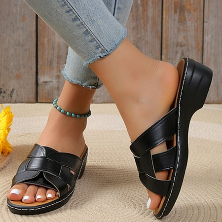

Sandals for Women Aoujea Holiday Savings Women s Round Toe Thick Heeled Shoes Ladies Beach Sandals Summer Non-Slip Causal Slippers Black 7.5 on Clerance