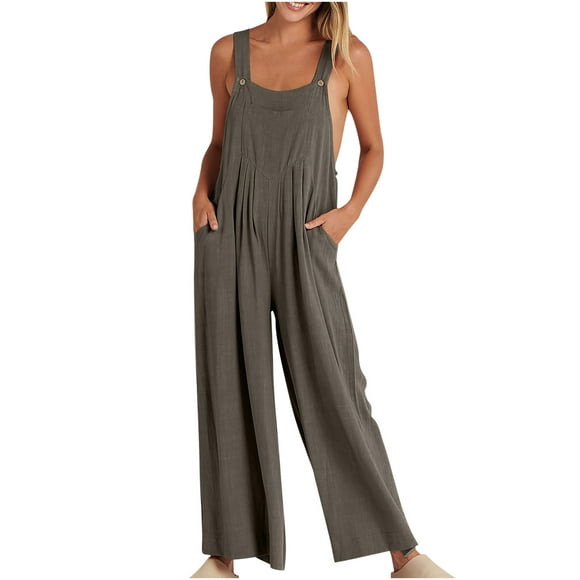 Womens Summer Cotton Linen Bib Overalls Sleeveless Casual Baggy Wide Leg Long Pants Jumpsuits Lounge Rompers wit Pockets