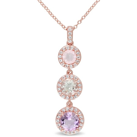 Tangelo 3 Carat T.G.W. Rose de France, Green Amethyst, Rose Quartz and White Topaz Rose Rhodium-Plated Sterling Silver Three-Stone Halo Pendant, 18