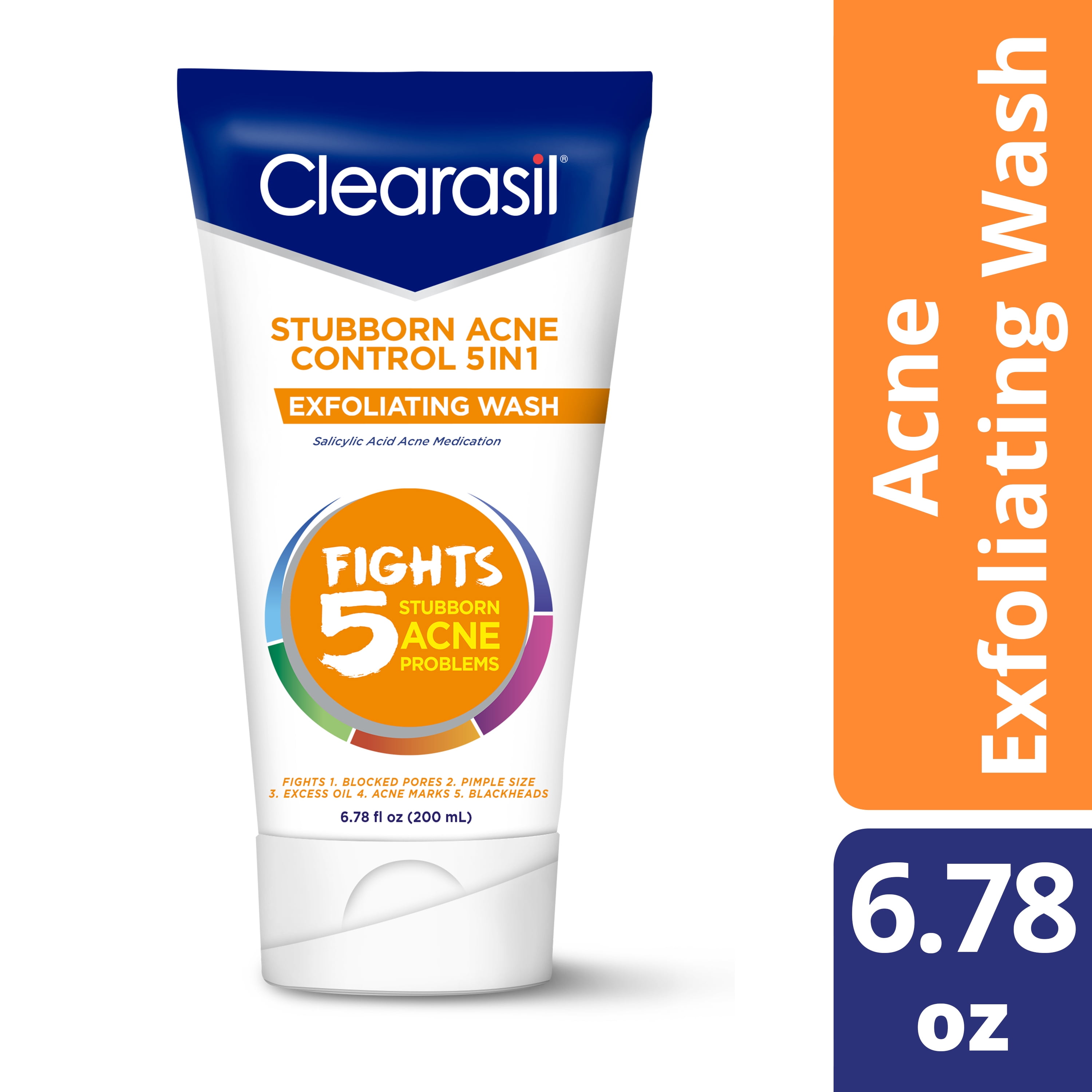 Clearasil Stubborn Acne Control 5in1 Exfoliating Wash 6.78 fl. oz., Reduces Blocked Pores, Pimple Size, Excess Oil, Acne Marks, Blackheads
