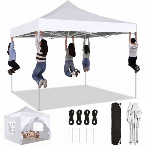 HOTEEL 10x10 Heavy Duty Pop up Canopy EZ Commercial Outdoor Tent Portable Party Wedding Instant Canopy Shelter All Season Anti-UV Waterproof Tent Gazebo with 4 Removable Sidewalls, Carry Bag, White