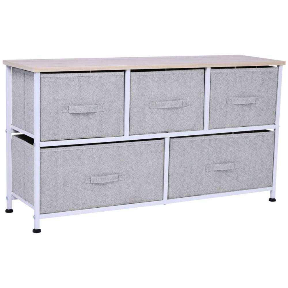 5 Drawer Fabric Storage Dresser Grey Non-Woven Drawers White Steel Frame Natural Wood Top Slim Chest Organizer for Bedroom Living Room Entryway