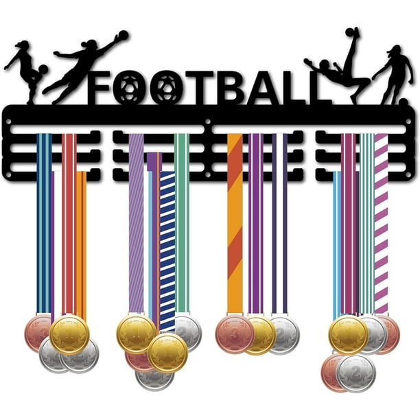 Soporte para medallas de fútbol, estante de exhibición de medallas de metal negro, soporte para medallas de hierro, marco para colgar en la pared, más de 60 medallas para atletas de fútbol,