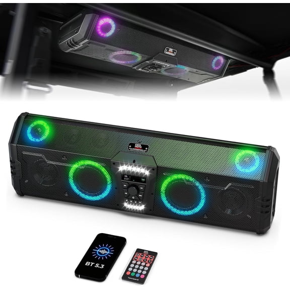 KEMIMOTO Midnight 90 RGB UTV Sound System All-in-One Audio Roof System with Dual Subwoofer 800W IP66 Compatible with Pro-Fit Polaris Ranger General Uforce Defender Trail