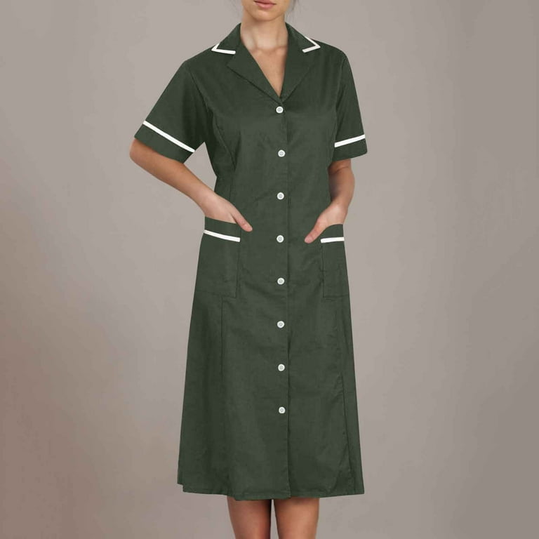 Xfvqtps Womens Nurse Dress with Pockets Button Short Sleeve Splicing Lapel Caregiver Work Dress Olive Green, Women's, Size: Large