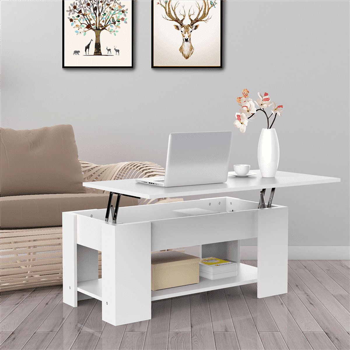 Renwick 39in Modern Wood Lift up Top Coffee Table with Storage Shelf, White