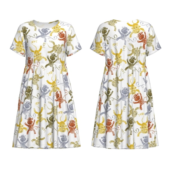 Horeoi Cartoon Monkey Print Women's Short Sleeve Dress Breathable Polyester-Spandex All-Over Print A-Line Side Pockets Elastic Waist