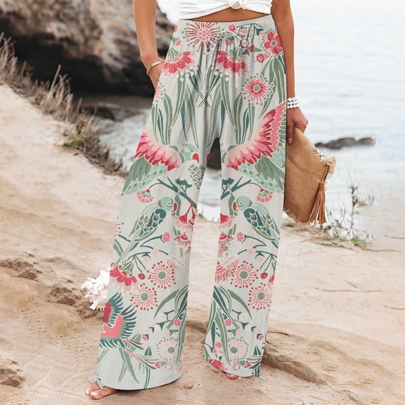 White Women's Plus Size Pants, Women'S Casual And Fashionable Beach Elastic Waist Wide Leg Pants With Colorful Floral Print Pockets,Women's Plus Size Pants M