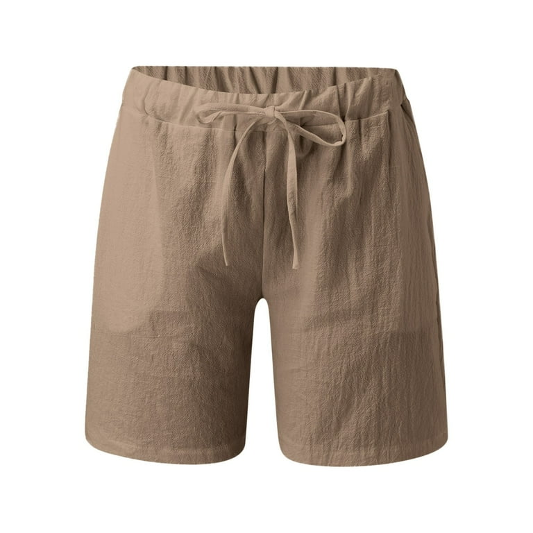 Fulijie Women s Casual Solid High Waist Cotton And Linen Shorts Elastic Summer Basic Editions