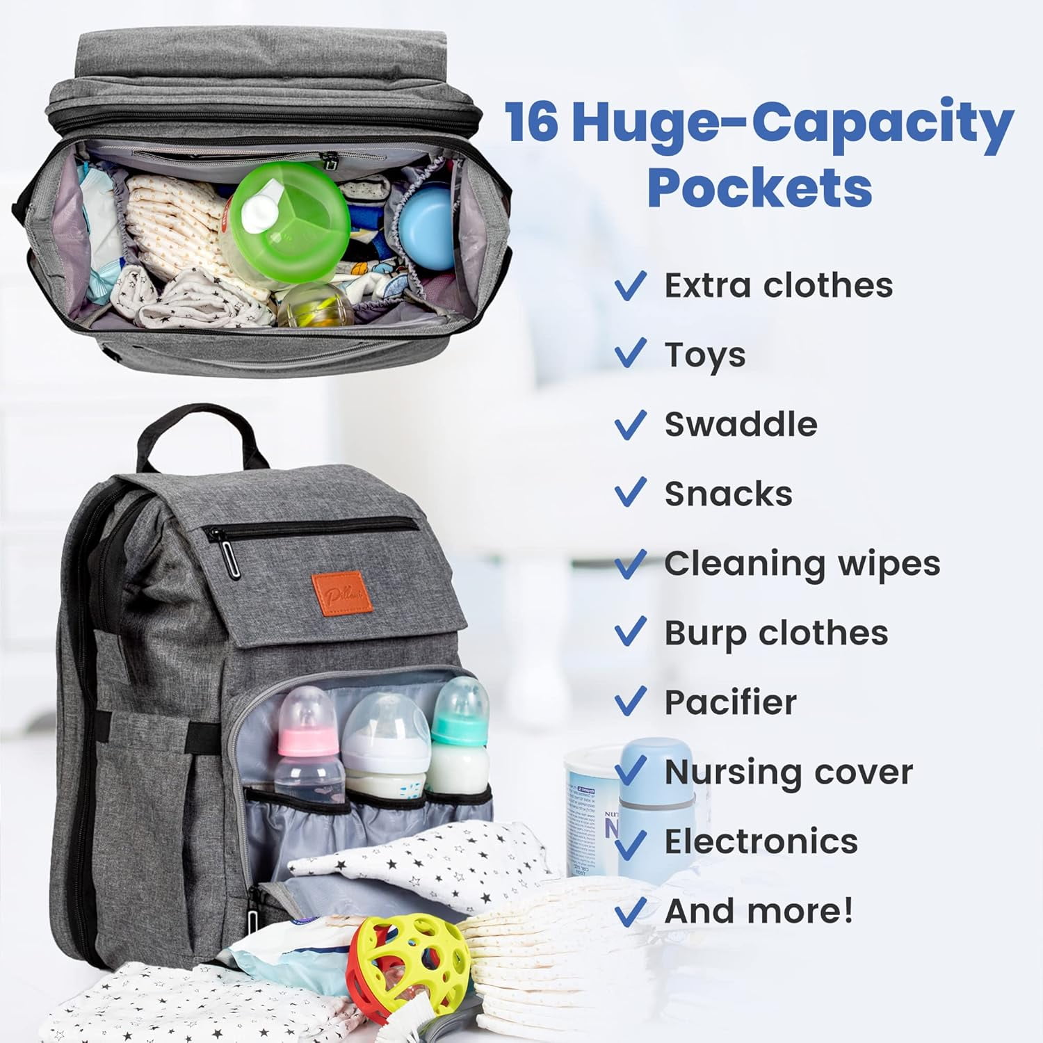 PILLANI Baby Diaper Bag Backpack - Large Bag for Boys & Girls, Waterproof Diaper Backpack - Travel Diaper Bags w/Changing Pad, Baby Registry Search & Shower Gifts - Essentials Must Haves Newborn Stuf
