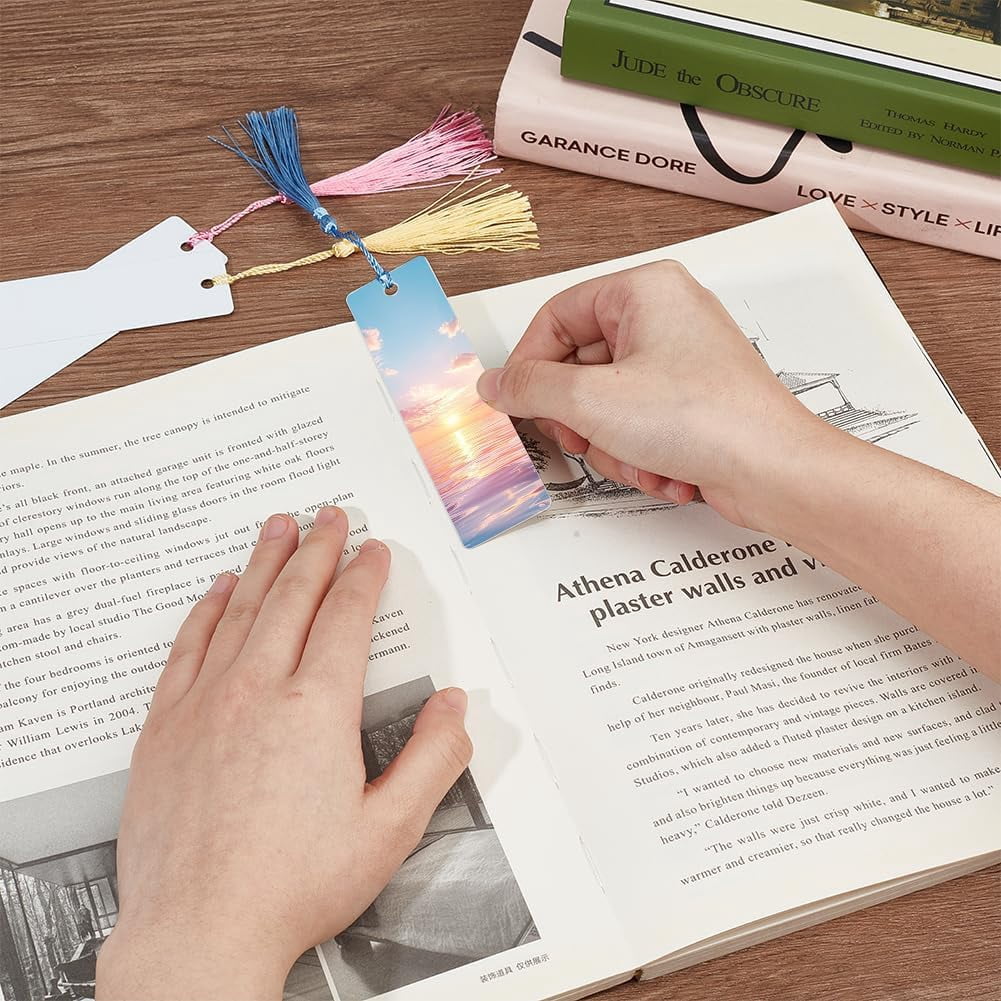 50Pcs Sublimation Blank Bookmark Heat Transfer Metal Bookmarks Personalized Tassels Blank Bookmarks Bulk DIY Bookmark with Hole and Colorful Tassels for DIY Crafts Book Lovers Readers Gifts