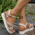 thumbnail image 4 of Espadrilles for Women Straw Braided Strappy Wedge Sandals Casual Summer Beach Shoes Open Toe Ankle Strap Platform Wedges Silver Size 6, 4 of 8
