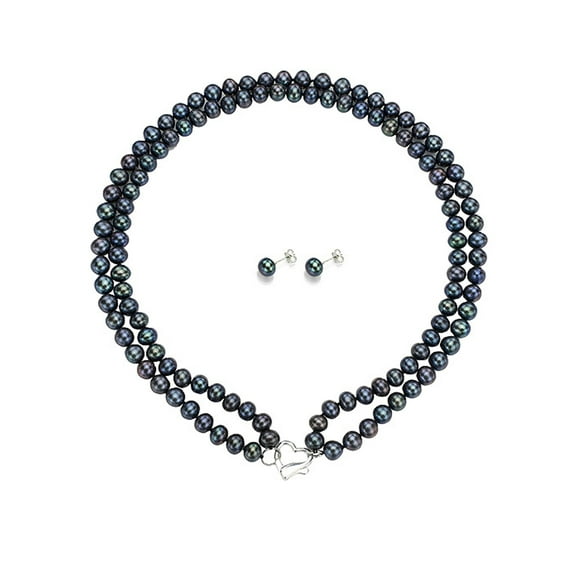 ADDURN Double Row 7-8mm Black Freshwater Pearl Heart-Shape Sterling Silver Clasp Necklace (18") with Bonus Pearl Stud Earrings