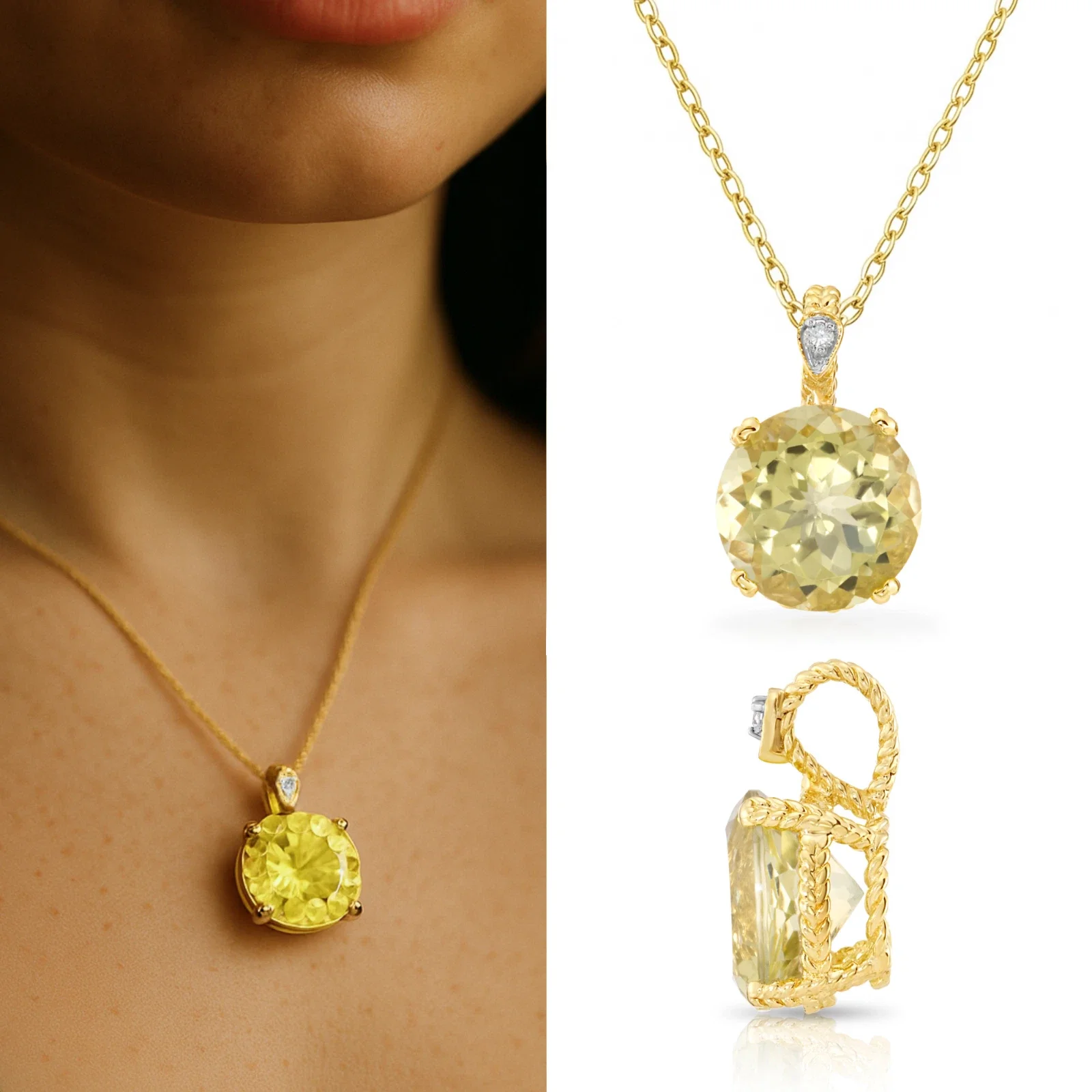 Tilo Jewelry 14K Yellow Gold 5 Carat Yellow Topaz Gemstone Solitaire Pendant Necklace with Diamond Accents for Women & Unisex | 18 Inch Cable Chain