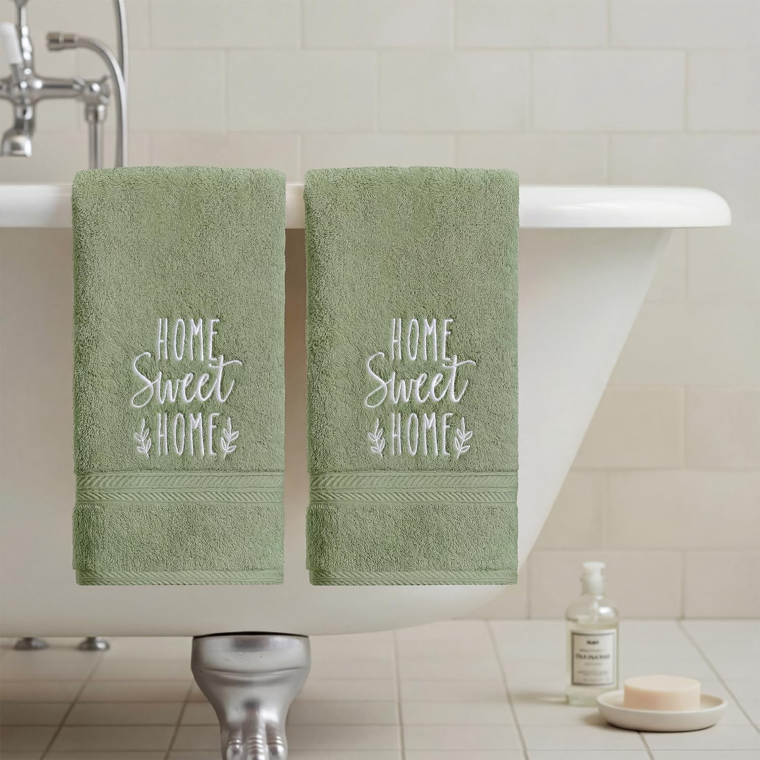 JJEAN-2 Pcs Sage Green Home Sweet Home Embroidered Hand Towels for Bathroom, Cotton Soft Absorbent Farmhouse Decor Towels, 13.7 x 29.5 Inch
