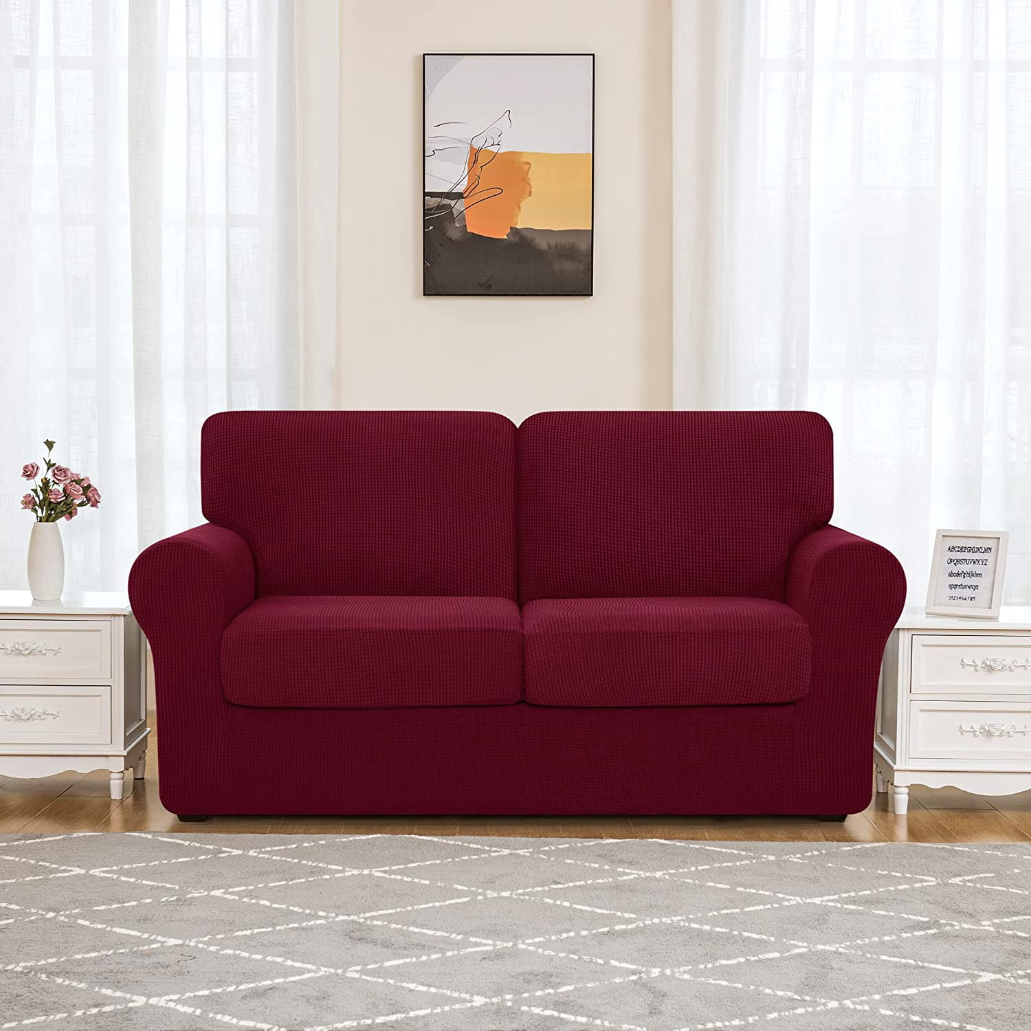 Subrtex Sofa Slipcover Sets 5 Pieces Stretch Couch Cover Backrest Cushion Covers (Loveseat, Wine)