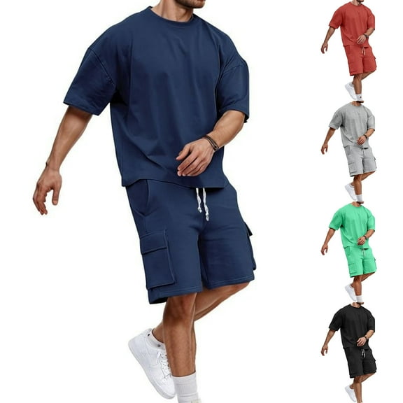 Mens Short Sets 2 Piece Outfits - Casual Summer Short Sleeve Sweatsuits Sets for Men with Cargo Pocket Casual Tracksuit Vacation Workout Sets