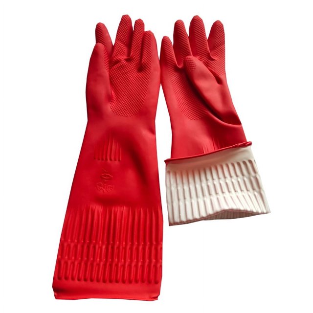 guantes de látex para lavar platos, extensión de goma, impermeables y antideslizantes, guantes de goma para limpieza de cocina y hogar, guantes para lavar coches — Par de guantes rojos de látex con puño extendido de 38 cm, textura antideslizante en palma y dedos y forro interior visible en uno volteado; adecuados para lavar platos, limpiar la cocina y lavar autos; también suelen usarse para tareas de jardinería húmeda ligera.