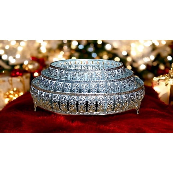 Round German Silver Tray | Silver Plated | German Tray with Feet | Round Designer Jaali Tray | Best Gift for Pooja | Décor | Diwali | Anniversary | Birthday (Set of 3) Size: 12", 10" & 8" Inches