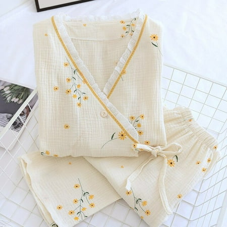 

CoCopeaunt Women Pajama Fdfklak Spring Crepe Kimono Long Sleeve Home Clothes Female Sleepwear Gauze Cotton V-Neck Home Suit Women Pajama