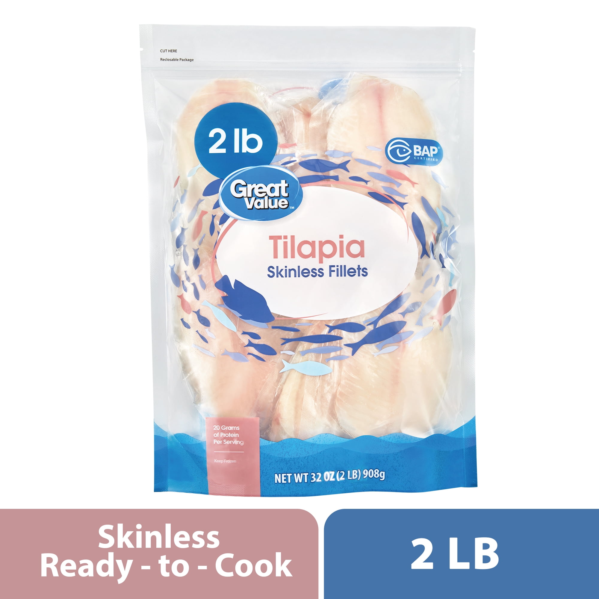 Great Value Frozen Tilapia Skinless & Boneless Fillets, 2 lb Bag