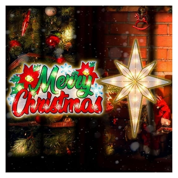 2 Pack Lighted Christmas Window Lights Decorations,Merry Christmas Sign and Bethlehem Star Window Sculpture Decoration for Christmas,Party,Home,Patio Lawn,Garden