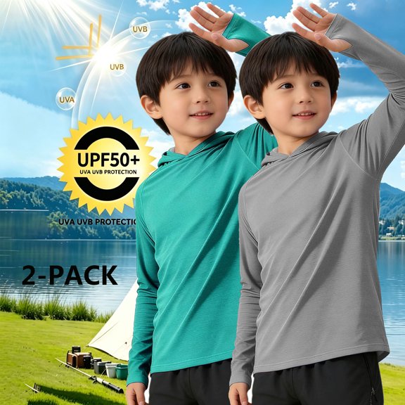 Fancifize 2 Pack Boys Sun Protection Hoodies Boy's UPF 50 Long Sleeve Rash Guard Hooded Tshirts for Outdoor Fishing Camping 5-15 Years