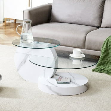 Sudica Modern Coffee Table with Double-layer Round Glass Tabletop 27" Tea Table with White Marble Patterned Base,Center Table for Living Room