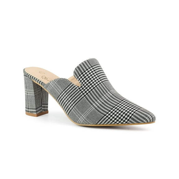 BLISSFUL STEP St. Patrick's Day Women's Plaid Pointed Toe Block Heel Slide Mules Black White 7