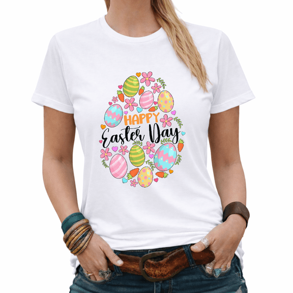 Happy Easter Day Colorful Eggs Graphic Tees Womans Tshirt Shirts White/Black S-5XL Tops