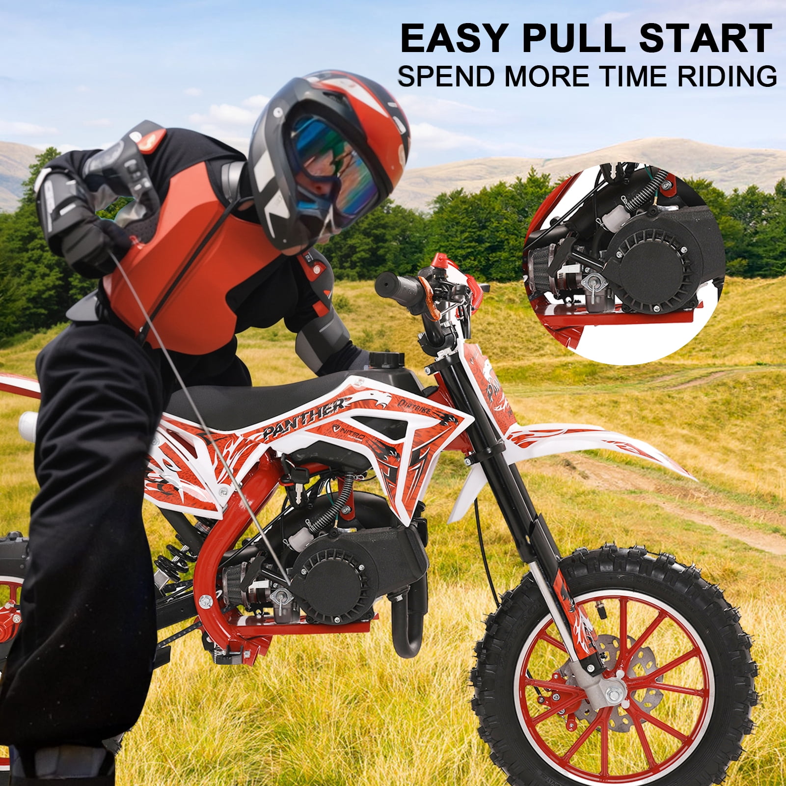 Cixusio 2-Stroke Kids Dirt Bike 49cc Gasoline Motocross Pocket Motorbike Off Road Mini Motorcycle with Front Rear Disc Brakes Racing Max Speed 40KM/H Red