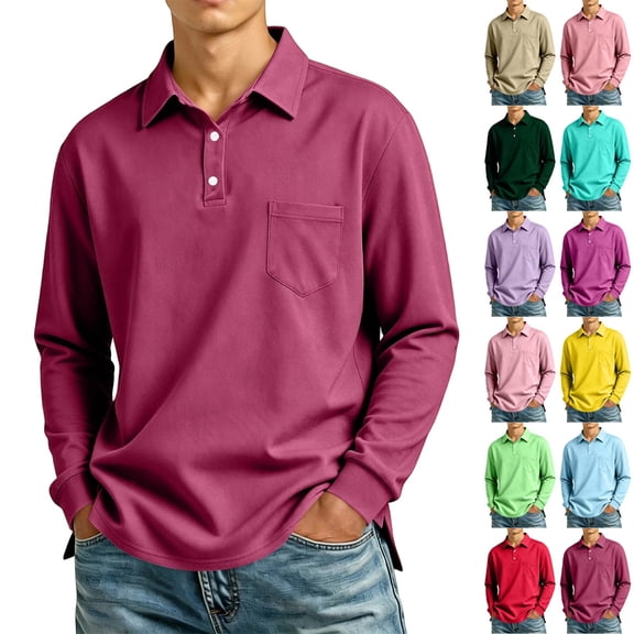 GrmtClth Mens Polo Shirts Long Sleeve Collared With Chest Pocket Soft Comfort Business Daily Casual Golf Pullover Tops Hot Pink L