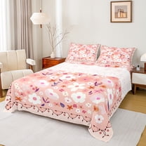 Manfei Dreamy Pink Flower Queen Sheet Sets, Cartoon Rustic Floral Flat Sheet, Teens Boys Girls Kids Queen Fitted Sheet, Breathable Home Decor, 4-Piece