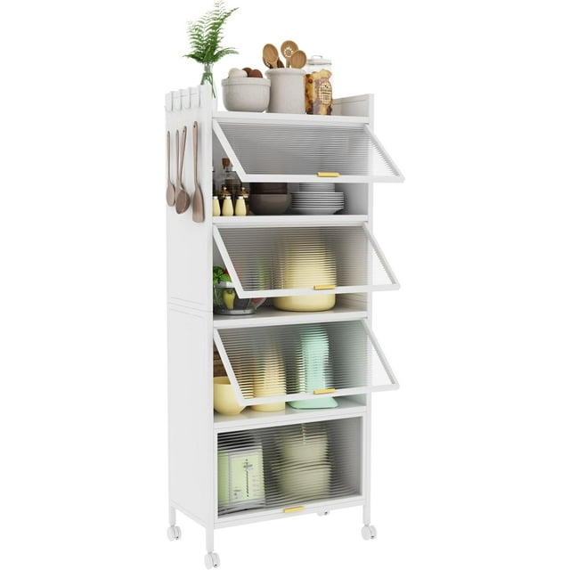 OCKYOOZ Armoire de Rangement de Cuisine à 5 Niveaux, Roulettes Pivotantes Verrouillables à 360° et 4 Crochets, Support Mobile pour Micro-Ondes avec Portes PC Rabattables, Étagère de Cuisine avec 4 Patins pour Salle à Manger, Blanc