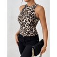 thumbnail image 3 of Multicolor Womens Ribbed Knit Leopard Print Crop Tank Top, Tight Fitted Racerback Casual Activewear, 3 of 6