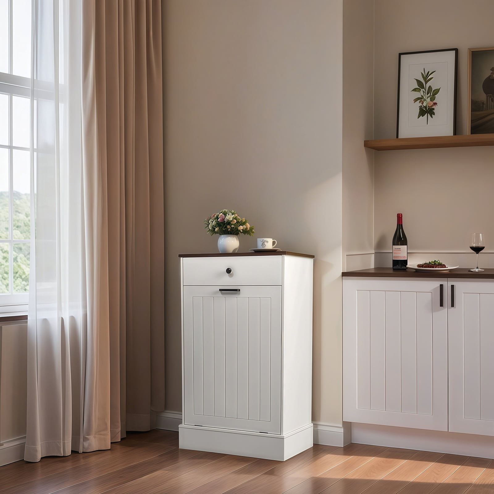 TrumanPick Single Tilt Out Trash Can Cabinet, 10 Gallon Hidden Garbage Bin Holder with Drawer, Free Standing Wooden Laundry Hamper, White Farmhouse Kitchen Trash Can